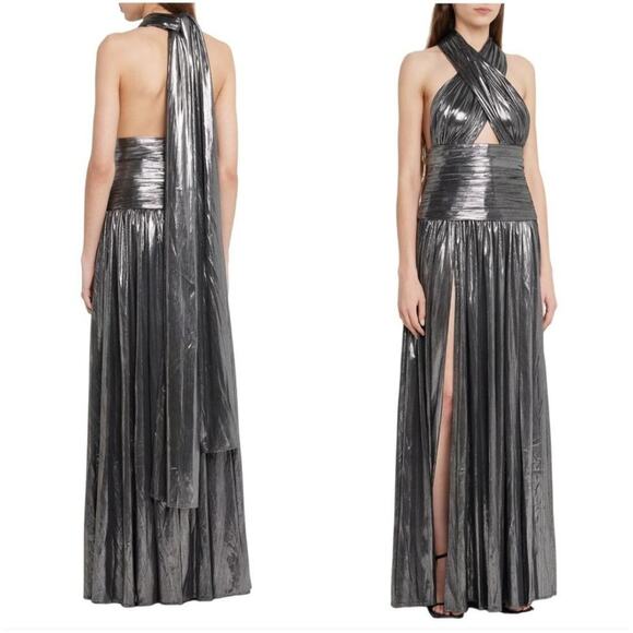BRONX AND BANCO Metallic Dress Florence Halterneck Gown Cutout Gunmetal Gray 8 L - Picture 2 of 16